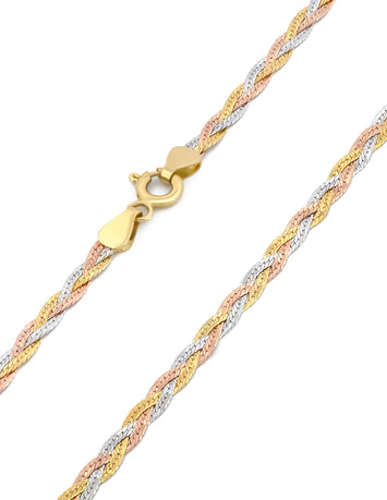 Cadena Gargantilla Dama Trenza 40 cm 3 Oros Sólido 14k