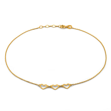Pulsera Tobillera 3 Corazones Oro Sólido 14k