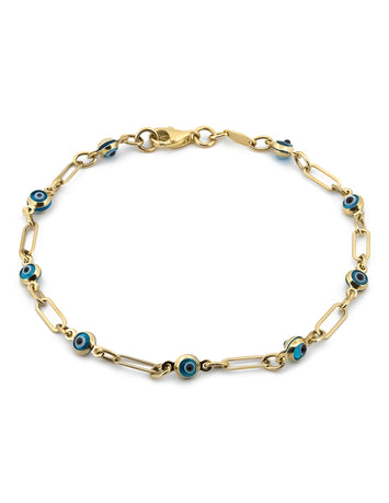 Pulsera Clip Ojitos Azules Oro Sólido 10k
