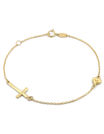 Pulsera Cruz Corazón Oro Sólido 10k