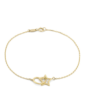 Pulsera Para Dama Estrella y Corazón Enlazados Oro Sólido 10k