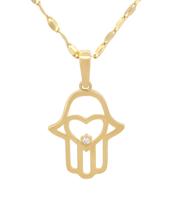 Cadena Con Dije Mano Fatima Corazón Oro Sólido 14k
