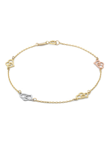 Pulsera Corazones Enlazados 3 Oros Solido 10k