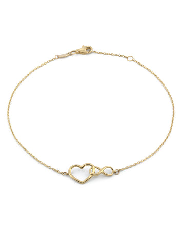 Pulsera Tobillera Corazon e Infinito Enlazados Oro Sólido 10k