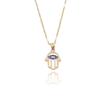 Preciosa Cadena Dije Mano De Fatima Azul Oro Sólido 14k