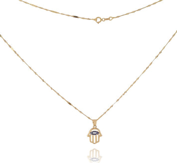 Preciosa Cadena Dije Mano De Fatima Azul Oro Sólido 14k