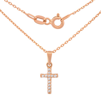 Cadena Y Dije Cruz 1.1 cm Zirconias Oro Rosa Sólido 14k