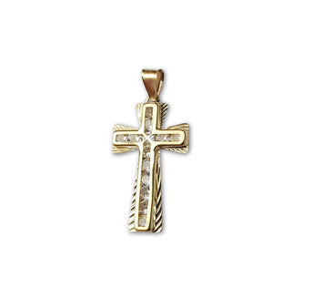 Dije Cruz Mediana Piedras Contorno Oro Sólido 14k