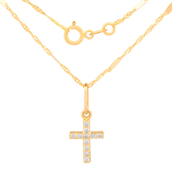 Cadena Y Dije Cruz Mini 0.9 cm Zirconias Oro Sólido 10k