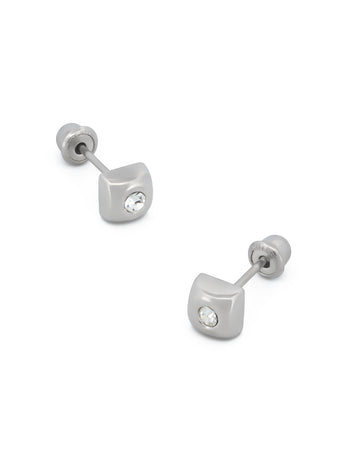 Broquel Cuadro Con Zirconia Oro Blanco Sólido 14k