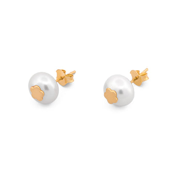 Aretes Perla Natural Con Flor Oro Sólido 14k