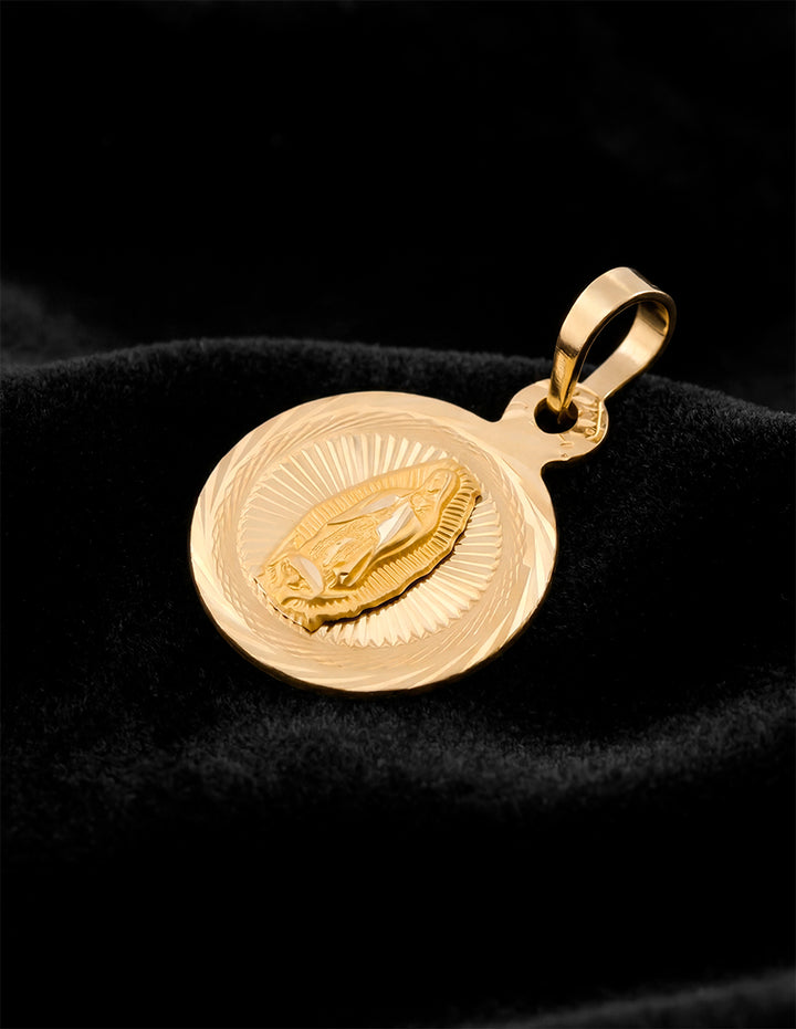 Medalla Dije Virgen De Guadalupe Facetada 1.5 cm Oro Sólido 14k