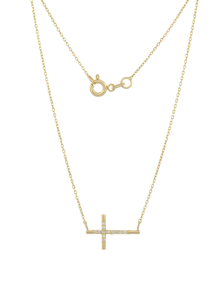 Gargantilla Cruz Horizontal Diamantes Oro Sólido 14k