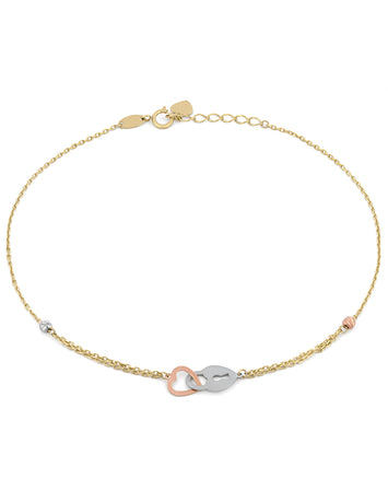 Tobillera Corazón Llave 3 Oros Sólido 14k
