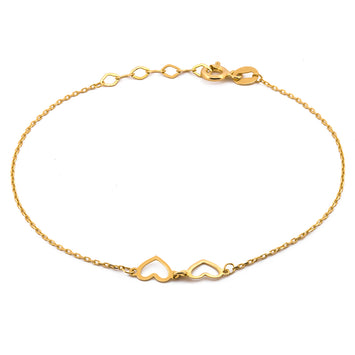 Pulsera Tobillera 2 Corazones Oro Sólido 14k