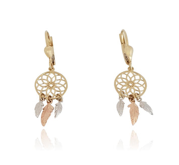 Aretes Colgantes Atrapador De Sueños 3 Oros Sólido 10k