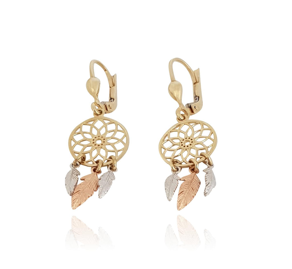 Aretes Colgantes Atrapador De Sueños 3 Oros Sólido 10k