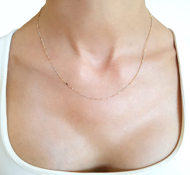 Cadena Estilo Singapur Con Barrita 3 Oros Sólido 14k 45 cm