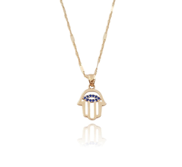 Preciosa Cadena Dije Mano De Fatima Azul Oro Sólido 14k
