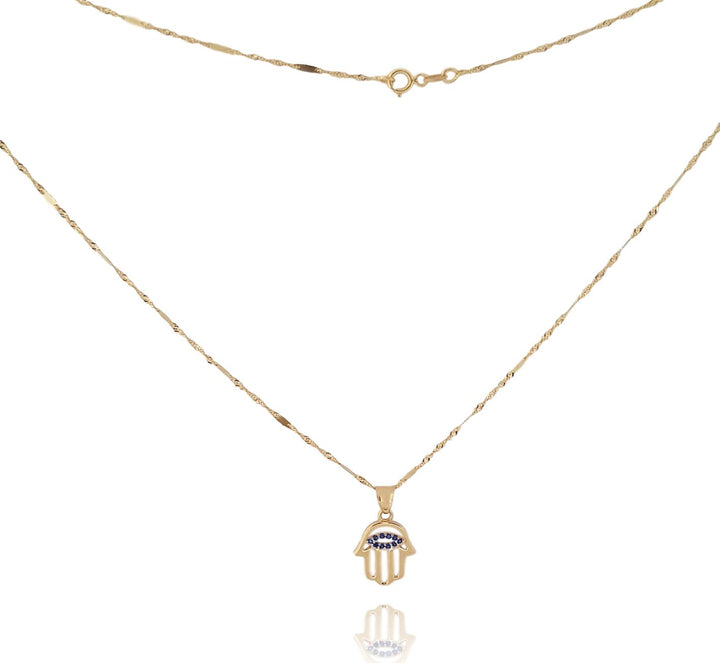 Preciosa Cadena Dije Mano De Fatima Azul Oro Sólido 14k