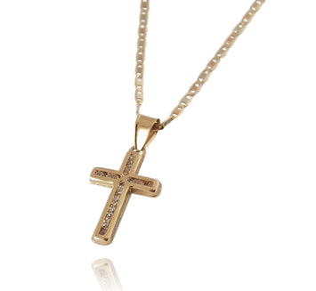 Cadena Y Dije Cruz Chica 1.5 cm Zirconias Oro Sólido 14k