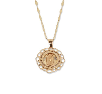 Hermosa Cadena Dije Virgen Contorno Flor Oro Sólido 14k