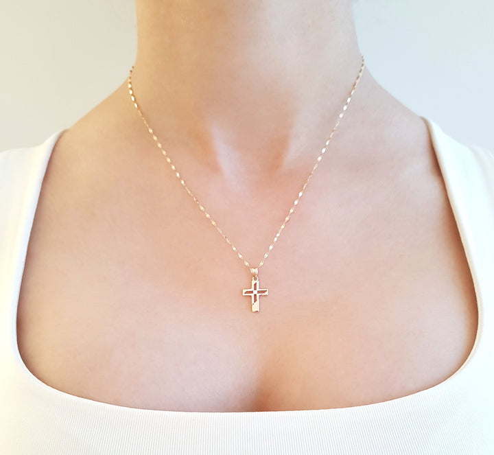 Dije Medalla Cruz Con Piedra 2 Oros Sólido 14k Bautizo Dama