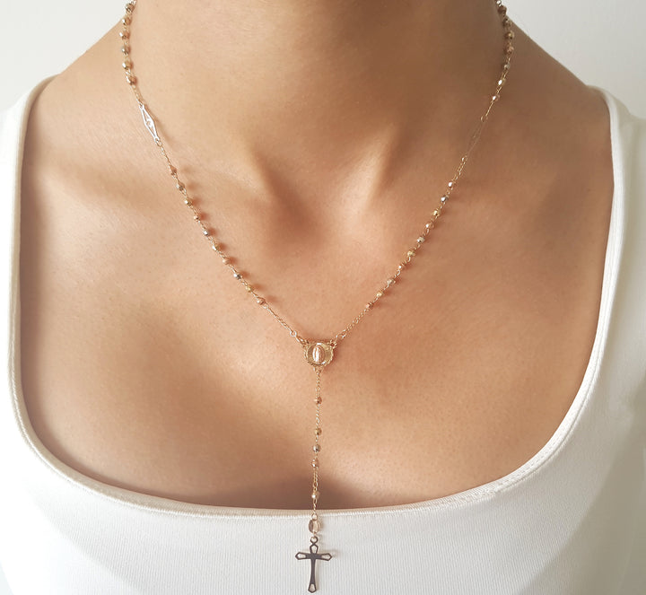 Rosario Católico Collar 3 Oros Sólido 10k