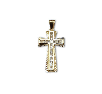 Dije Cruz Mediana Piedras Contorno Oro Sólido 14k