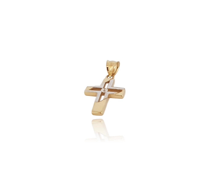 Dije Medalla Cruz Con Piedra 2 Oros Sólido 14k Bautizo Dama