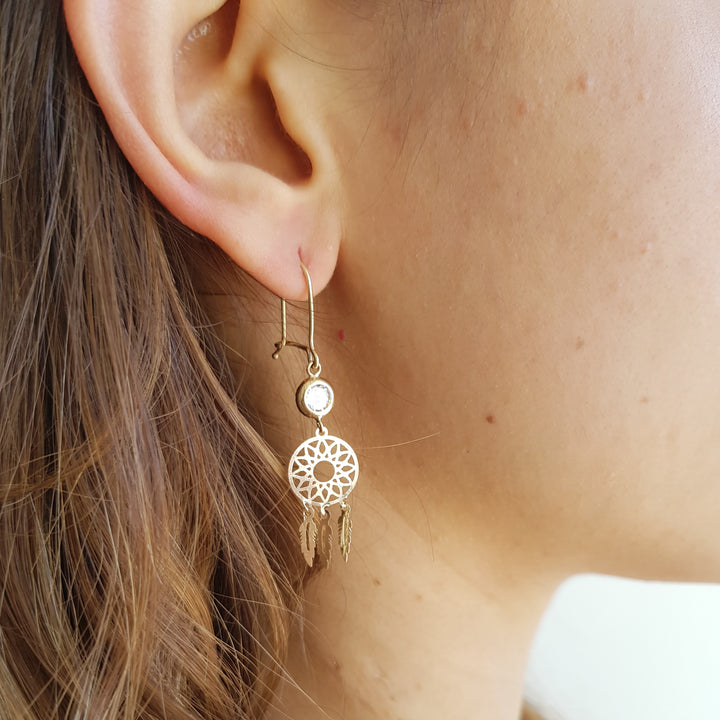 Aretes Colgantes Atrapador de Sueños  En Oro Sólido 10k