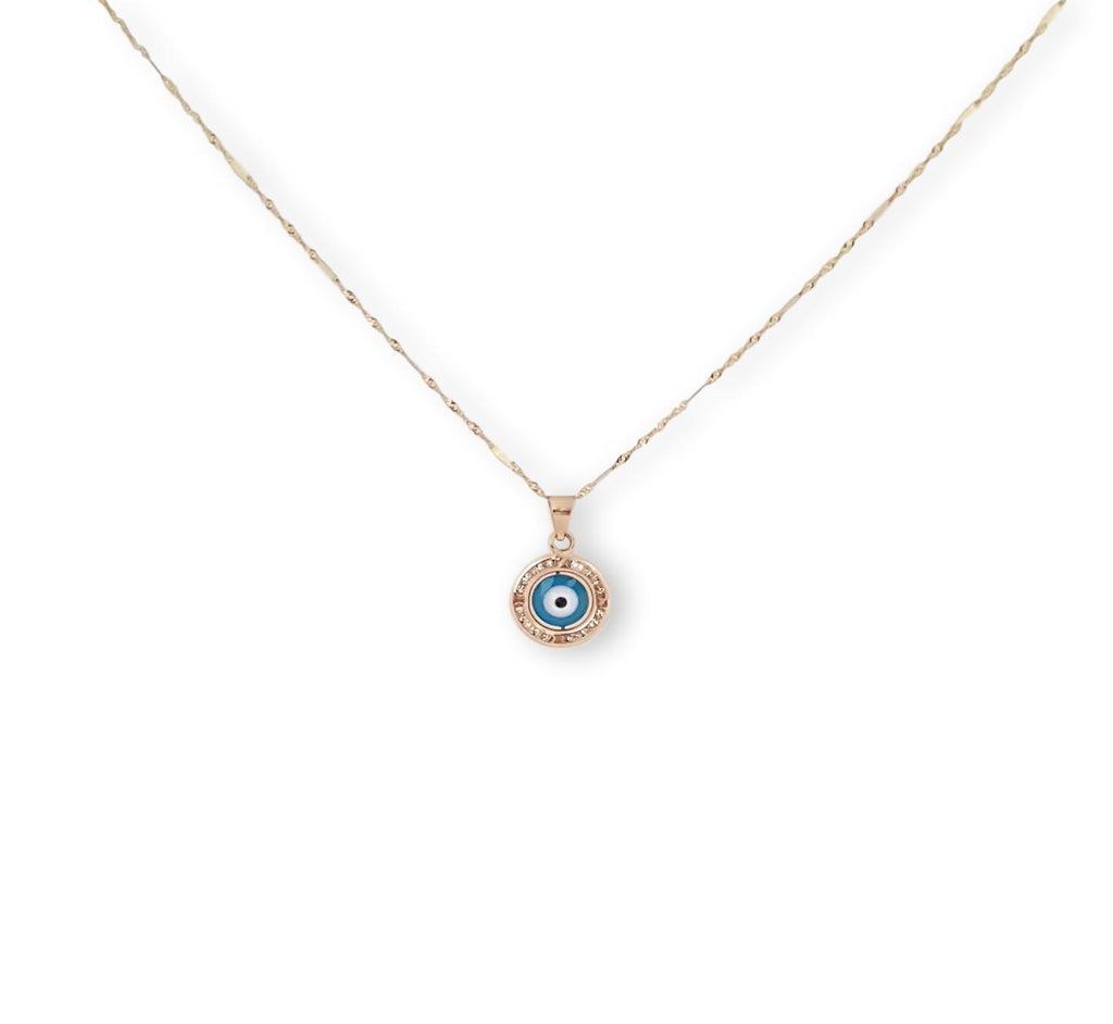 Cadena Dije Ojito Turco Color Azul Oro Sólido 14k