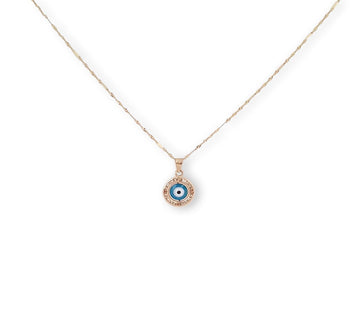 Cadena Dije Ojito Turco Color Azul Oro Sólido 14k
