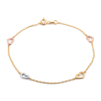 Pulsera Corazones 3 Oros 14k